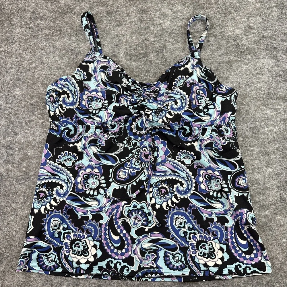 Lands End Tankini women's 14D black floral paisley tropical Hawaiian beach pool